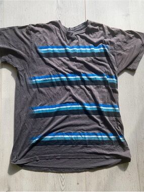 Lucky Brand Black T‑Shirt with Blue and Aqua Horizontal Stripes